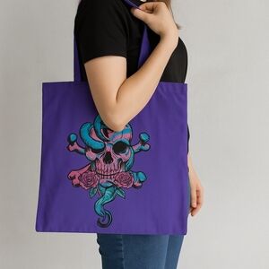 💜 Gothic Skull & Snake Tote Bag – Purple Canvas Tattoo Art Style Reusable